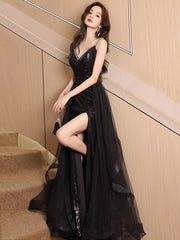Stunning Black A-Line V Neck Sequin Tulle Prom Evening Gown Dress
