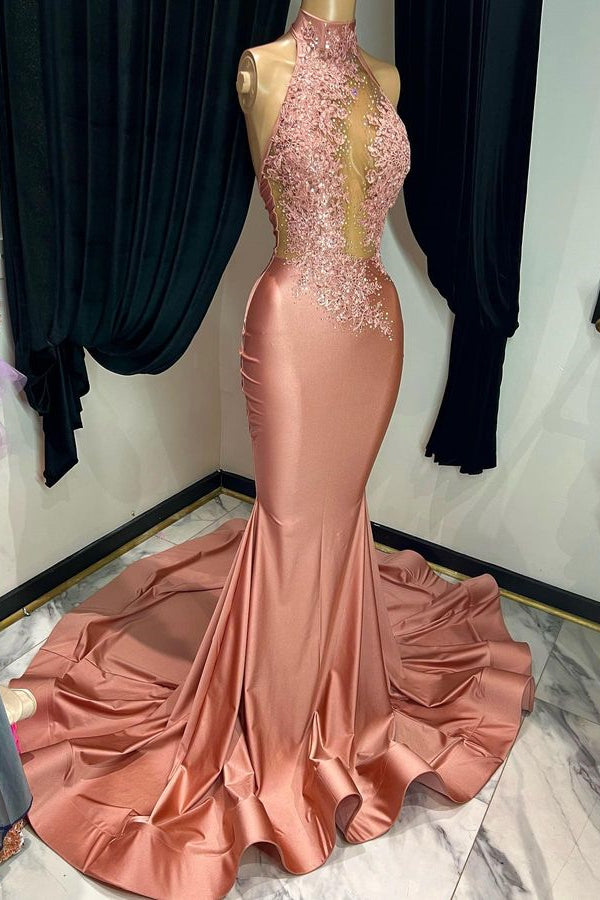 Elegant Coral Red Mermaid Prom Dress with Sleeveless Halter and Appliques