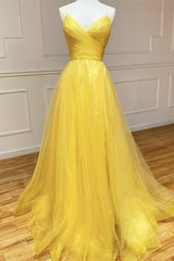Elegant Yellow Spaghetti Strap Tulle Prom Dress with String Back