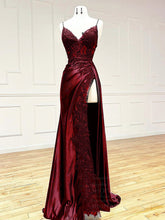 Burgundy V Neck Satin Lace Long Prom Evening Dress