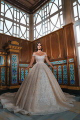 Sequined Off-the-Shoulder Ball Gown Wedding Dress With Slit