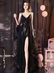 Stunning Black A-Line V Neck Sequin Tulle Prom Evening Gown Dress