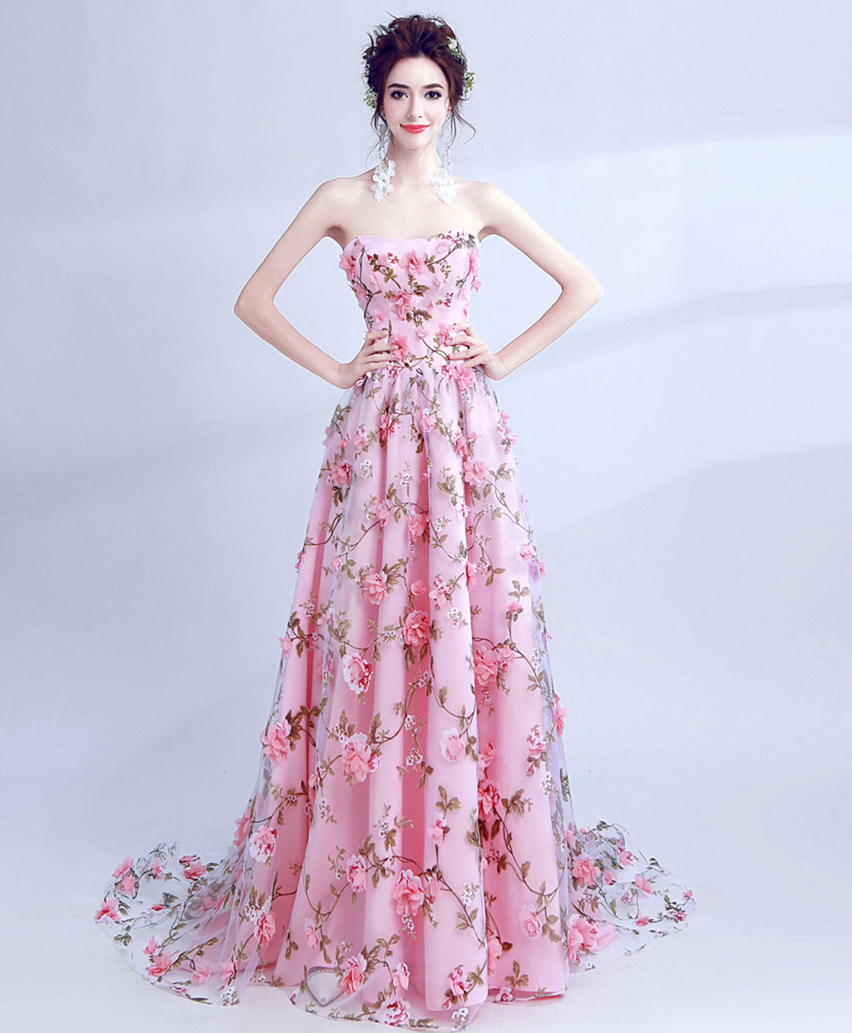 Pink Tulle 3D Flowers Long Prom Evening Dress For Women