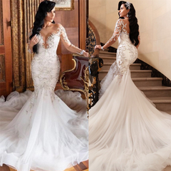 Long Sleeve Mermaid Lace Applique Wedding Gown with Chapel Train