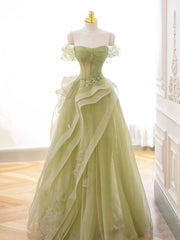 A-Line Off Shoulder Tulle Lace Green Long Prom Formal Dress