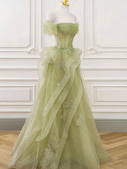 A-Line Off Shoulder Tulle Lace Green Long Prom Formal Dress