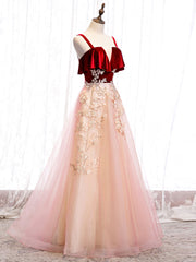 Elegant Burgundy A-Line Tulle Lace Long Formal Prom Dress