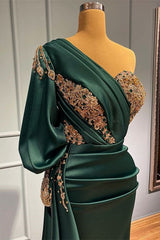 Elegant Dark Green One-Shoulder Mermaid Prom Dress with Beaded Appliques