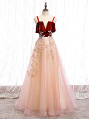 Elegant Burgundy A-Line Tulle Lace Long Formal Prom Dress