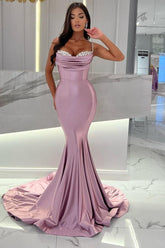 Elegant Ruched Satin Mermaid Prom Dress with Beaded Spaghetti Straps, Floor-Length Party Gown