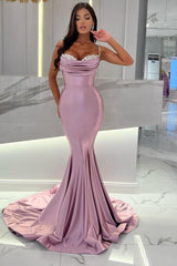 Elegant Ruched Satin Mermaid Prom Dress with Beaded Spaghetti Straps, Floor-Length Party Gown