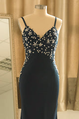 Elegant V-Neck Spaghetti Strap Satin Mermaid Prom Dress with Sequin Embellishments