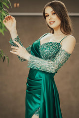Emerald Green Sequin Spaghetti Strap Off Shoulder Pleated Slit Long Prom Dress
