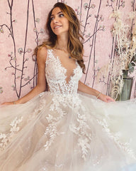 Elegant A-Line Deep V-Neck Backless Wedding Dress with Lace Appliques