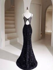 Mermaid Velvet Sequin Black Long Prom Dress for Women Evening Wear