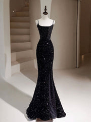 Mermaid Velvet Sequin Black Long Prom Dress for Women Evening Wear