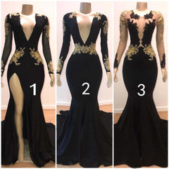 Elegant Black Prom Dress: Long Sleeves, Gold Appliques, V-Neck, Mermaid Silhouette