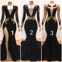 Elegant Black Prom Dress: Long Sleeves, Gold Appliques, V-Neck, Mermaid Silhouette
