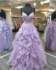 Stunning Spaghetti Straps Lilac Evening Gowns For Formal Prom Nights