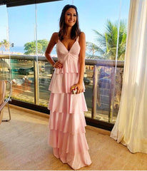 Stunning V Neck Pink Long Prom Dress Formal Evening Gown