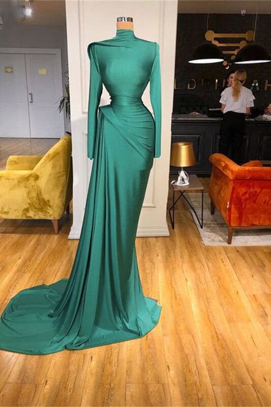 Elegant High-Neck Mermaid Prom Gown with Long Sleeves and Ruffle Detail
