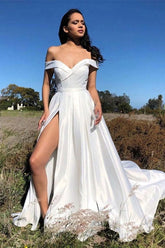 Elegant White Off-the-Shoulder Prom Dress with Thigh High Slit