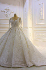 Elegant Long Sleeve Ball Gown Wedding Dress with Beaded Lace Appliques and Church Train