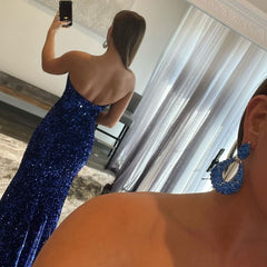 Elegant Royal Blue Strapless Sequin Mermaid Prom Gown with Thigh Split