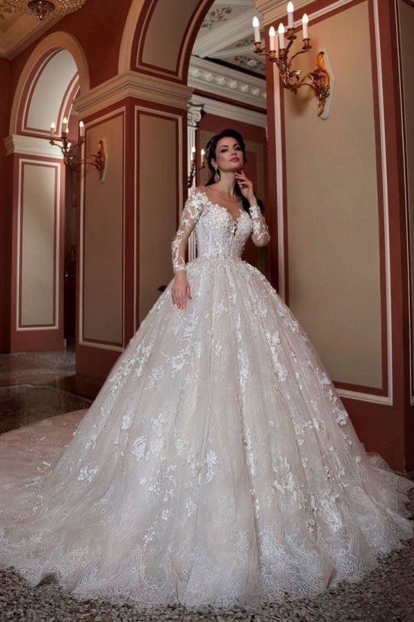 Elegant Bateau Long Sleeve Beaded A-Line Lace Wedding Gown with Chapel Train