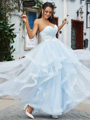 Elegant Baby Blue Tulle Prom Dress with Applique, Strapless Formal Gown