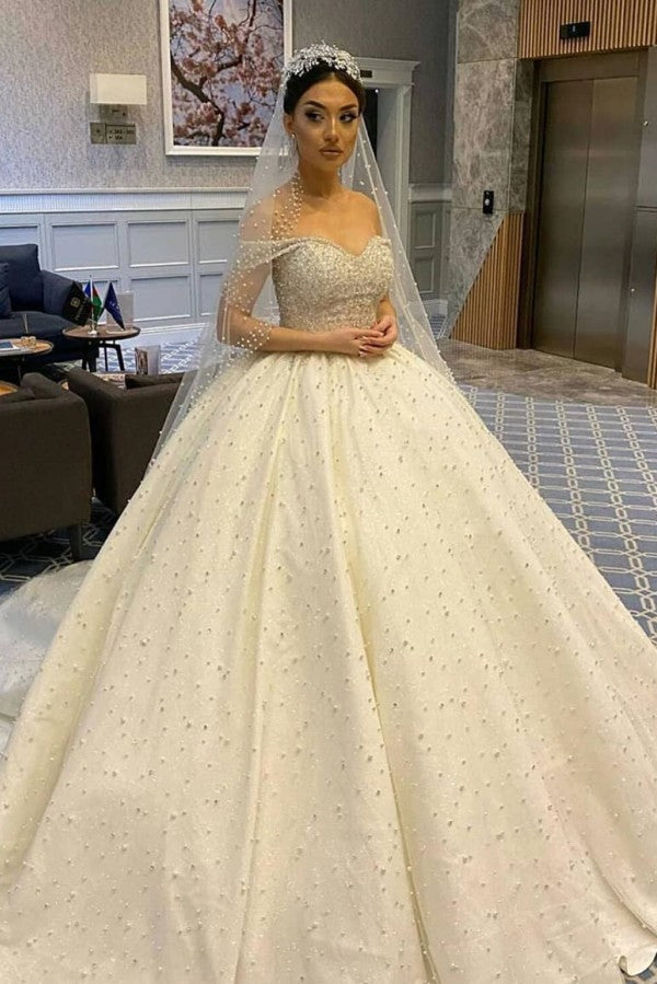 Sweetheart Off-the-Shoulder Backless Ball Gown Wedding Dress with Pearl Details