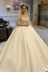 Sweetheart Off-the-Shoulder Backless Ball Gown Wedding Dress with Pearl Details