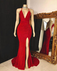Elegant Red Halter Sleeveless Prom Dress with High Split and Ruched Details
