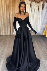 Elegant Black Off-Shoulder Mermaid Prom Dress with Gloves and Sleeves