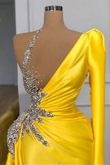 Yellow One-Shoulder Long Sleeve Mermaid Prom Dress with Crystal Detail