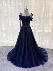 Stunning Dark Blue Tulle Sequin Long Prom Formal Evening Dress