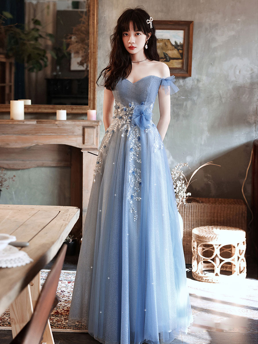 Blue Off Shoulder Tulle Long Prom Dress with Beading Details