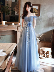 Blue Off Shoulder Tulle Long Prom Dress with Beading Details
