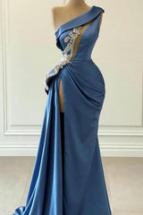 Elegant Blue One Shoulder Mermaid Prom Dress with Beading for Special Occasions