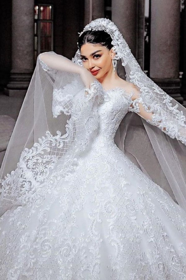 Elegant Princess Beaded Applique Long Wedding Dress with Sleeves and Tulle