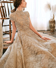 Champagne High Neck Lace Formal Prom Dress For Women Evening Wear