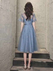 Elegant Blue Tulle Lace Short Prom Dress with Puffy Skirt