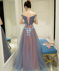 Gray Blue Tulle Off Shoulder Long Evening Prom Dress