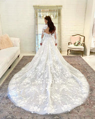 Elegant High-Neck A-Line Wedding Gown with Lace Sleeves and Open Back Design