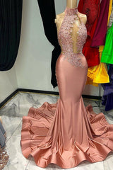 Elegant Coral Red Mermaid Prom Dress with Sleeveless Halter and Appliques