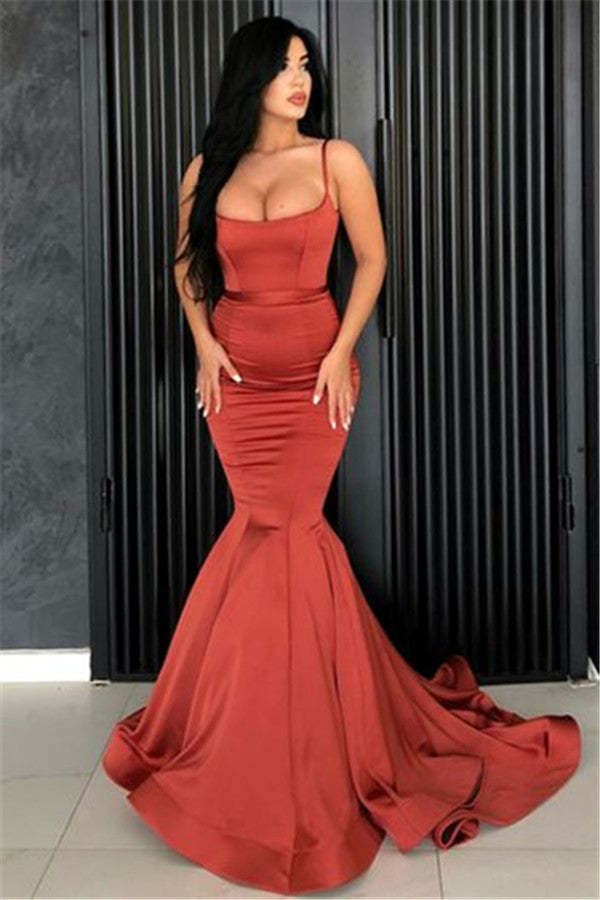 Elegant Burnt Orange Long Mermaid Prom Dress: Sleek Satin, Backless, Floor-Length Gown