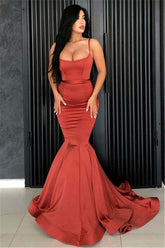 Elegant Burnt Orange Long Mermaid Prom Dress: Sleek Satin, Backless, Floor-Length Gown