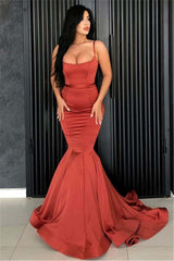 Elegant Burnt Orange Long Mermaid Prom Dress: Sleek Satin, Backless, Floor-Length Gown