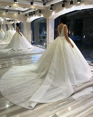 Elegant Sweetheart Spaghetti Strap Backless Ball Gown Wedding Dress with Lace Appliques