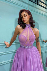 Elegant Lavender High Neck Short Tulle Prom Dress with Beaded Bodice